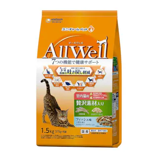 【ケース販売】ユニ・チャーム AllWell 食事の吐き戻し軽減 室内猫用 贅沢素材入り フィッシュ味 1.6kg(1ケース5個入り) 吐き戻し軽減 室内猫用 猫ドライフード 3482057005【別送品】