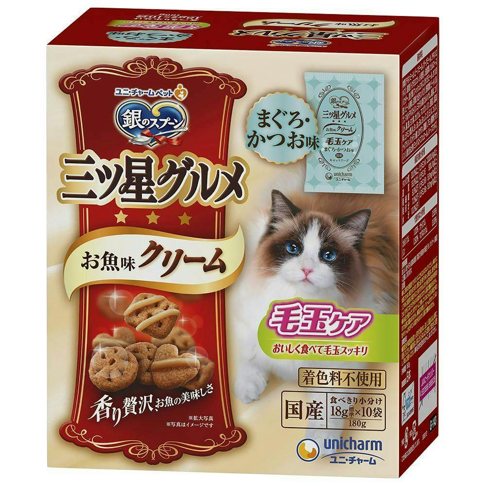 ユニ・チャーム銀のスプーン 三ツ星グルメ お魚味クリーム 毛玉ケア 18g×10袋(1ケース12個入り)3482343012 猫用ドライフード ユニ・チャーム銀のスプーン 三ツ星グルメ お魚味クリーム 毛玉ケア 18g×10袋(1ケース12個入り)3482343012 猫用ドライフード