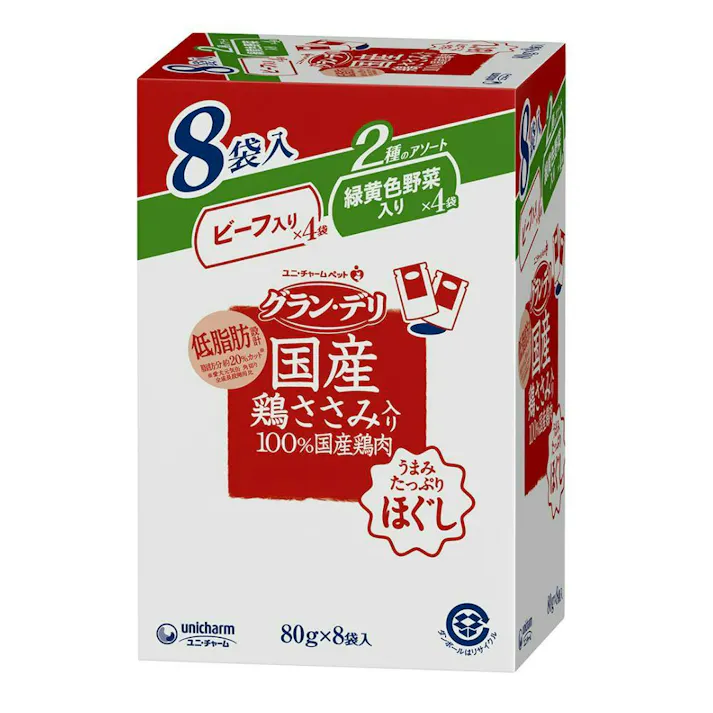 【ケース販売】ユニ・チャーム グラン・デリ 国産鶏ささみほぐし パウチ 2種のアソート ビーフ&緑黄色野菜入り 80g×8袋(1ケース10個入り) ささみ 国産 パウチ 3482346010【別送品】
