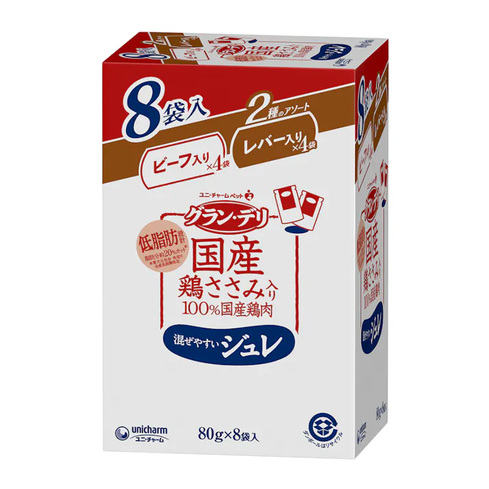 【ケース販売】ユニ・チャームグラン・デリ 国産鶏ささみジュレ パウチ 2種のアソート ビーフ&レバー入り 80g×8袋(1ケース10個入り)3482348010 【別送品】