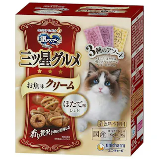 【ケース販売】ユニ・チャーム 銀のスプーン 三ツ星グルメ お魚味クリーム ほたて味レシピ 3種アソート 18g×10袋(1ケース12個入り) 猫ドライフード 魚味 クリーム 3482416012【別送品】