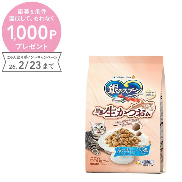 【ケース販売】ユニ・チャーム 銀のスプーン 国産生かつおin 海の幸ブレンド 小魚添え 650g(1ケース9個入り) トッピング 国産 無添加 3482474009【別送品】