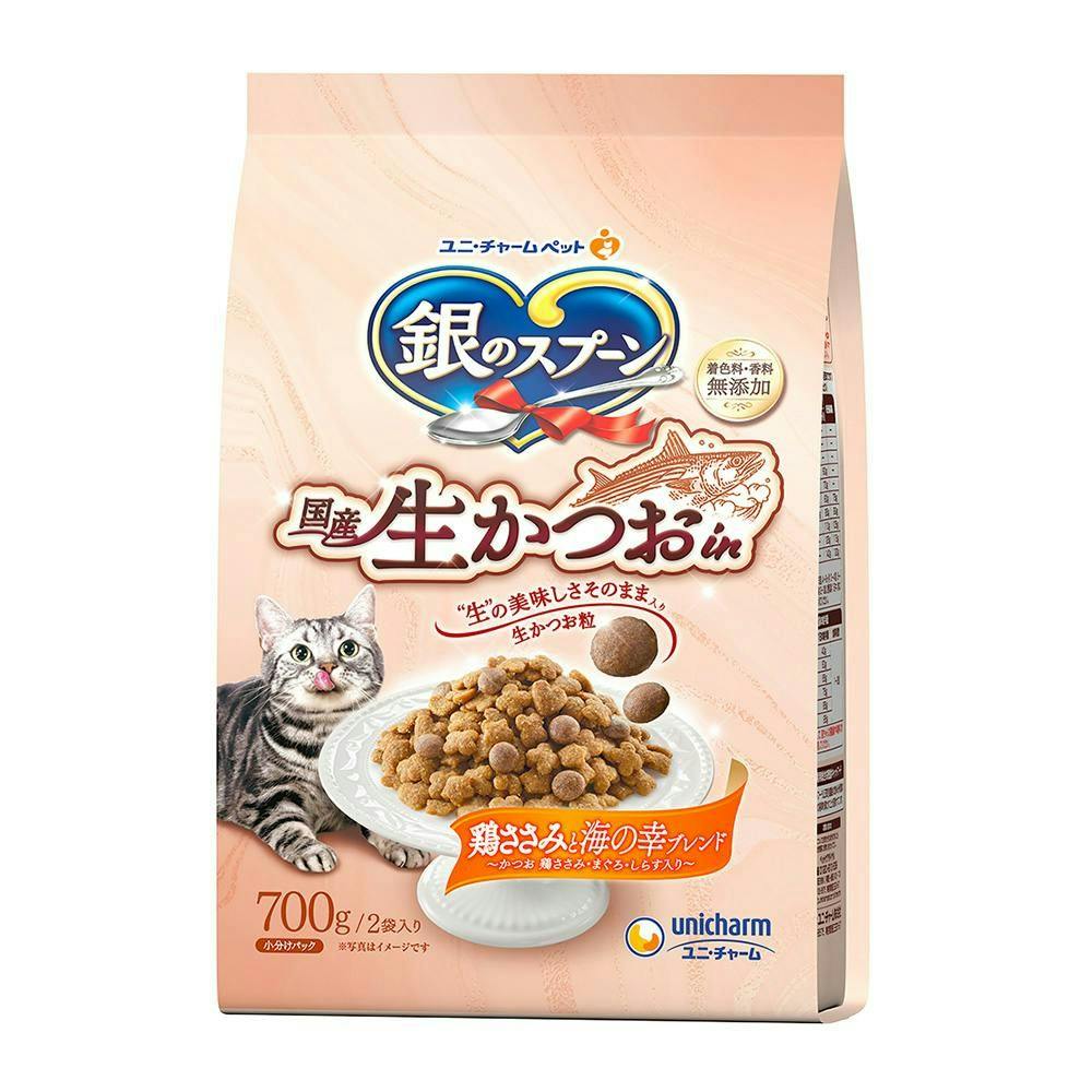 ユニ・チャーム銀のスプーン国産生かつおin鶏ささみ700g(1ケース9個入り)3482480009 猫用ドライフード ユニ・チャーム銀のスプーン国産生かつおin鶏ささみ700g(1ケース9個入り)3482480009 猫用ドライフード