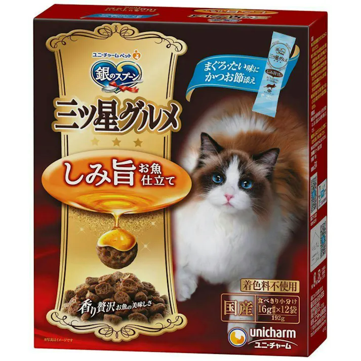 【ケース販売】ユニ・チャーム 銀のスプーン 三ツ星グルメ しみ旨お魚仕立て まぐろ・たい味にかつお節添え 16g×12袋(1ケース14個入り) 猫ドライフード 魚味 鰹節 3482554014【別送品】