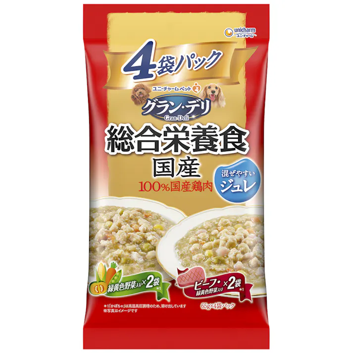 【ケース販売】ユニ・チャームグラン・デリ 総合栄養食 パウチ ジュレ 成犬 野菜・ビーフ 65gg×4袋パック(1ケース20個入り)3482583020 【別送品】