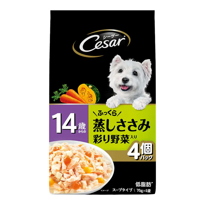 【ケース販売】マースジャパン シーザー 14歳 蒸しささみ野菜 4P(1ケース36個入り)1081378036 4902397858782【別送品】