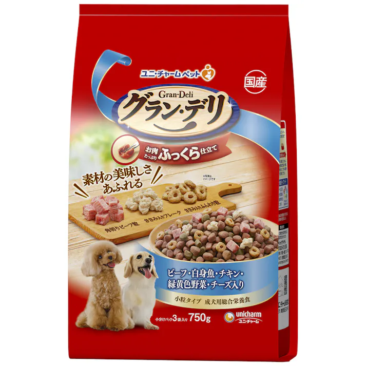 ユニ・チャーム グランデリふっくらビーフ白身魚チキン750g 嗜好性 ソフト 犬用 3481880001【別送品】