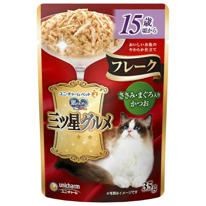 ユニ・チャーム 三ツ星Pフレーク15歳ささみ鮪鰹35g 嗜好性 ウェットフード 猫用 3481966001【別送品】