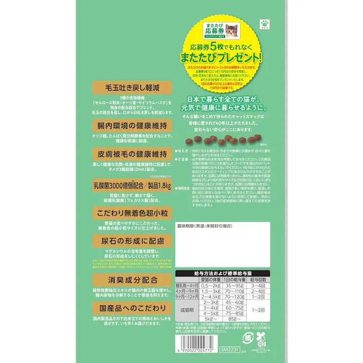 キャットスマック 毛玉1.8kg 乳酸菌 無着色 総合栄養食 1610760001【別送品】