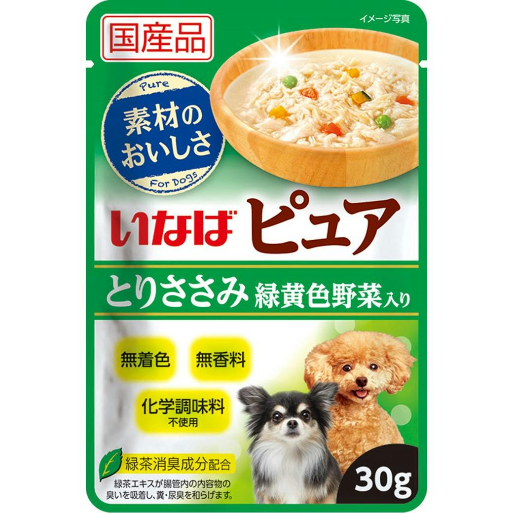 いなばピュアパウチ とりささみ緑黄色野菜30g ドッグフード 水煮 抹茶消臭成分配合 3754565001 犬用ウェットフード(パウチ) いなばピュアパウチ とりささみ緑黄色野菜30g ドッグフード 水煮 抹茶消臭成分配合 3754565001 犬用ウェットフード(パウチ)
