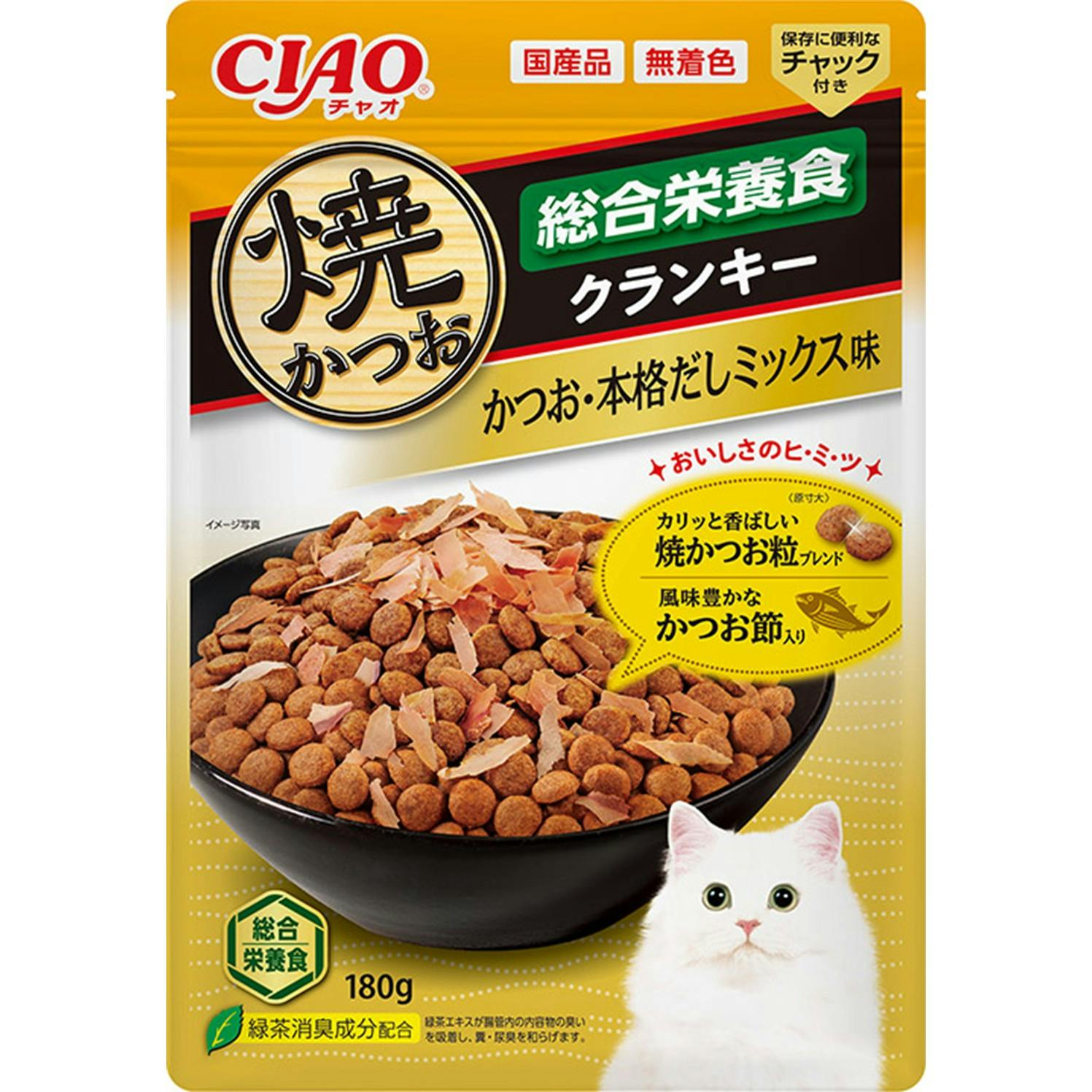CIAO 焼かつおクランキー 総合栄養食本格だし180g キャットフード 緑茶消臭成分配合 ドライフード 3754637001 猫用ドライフード