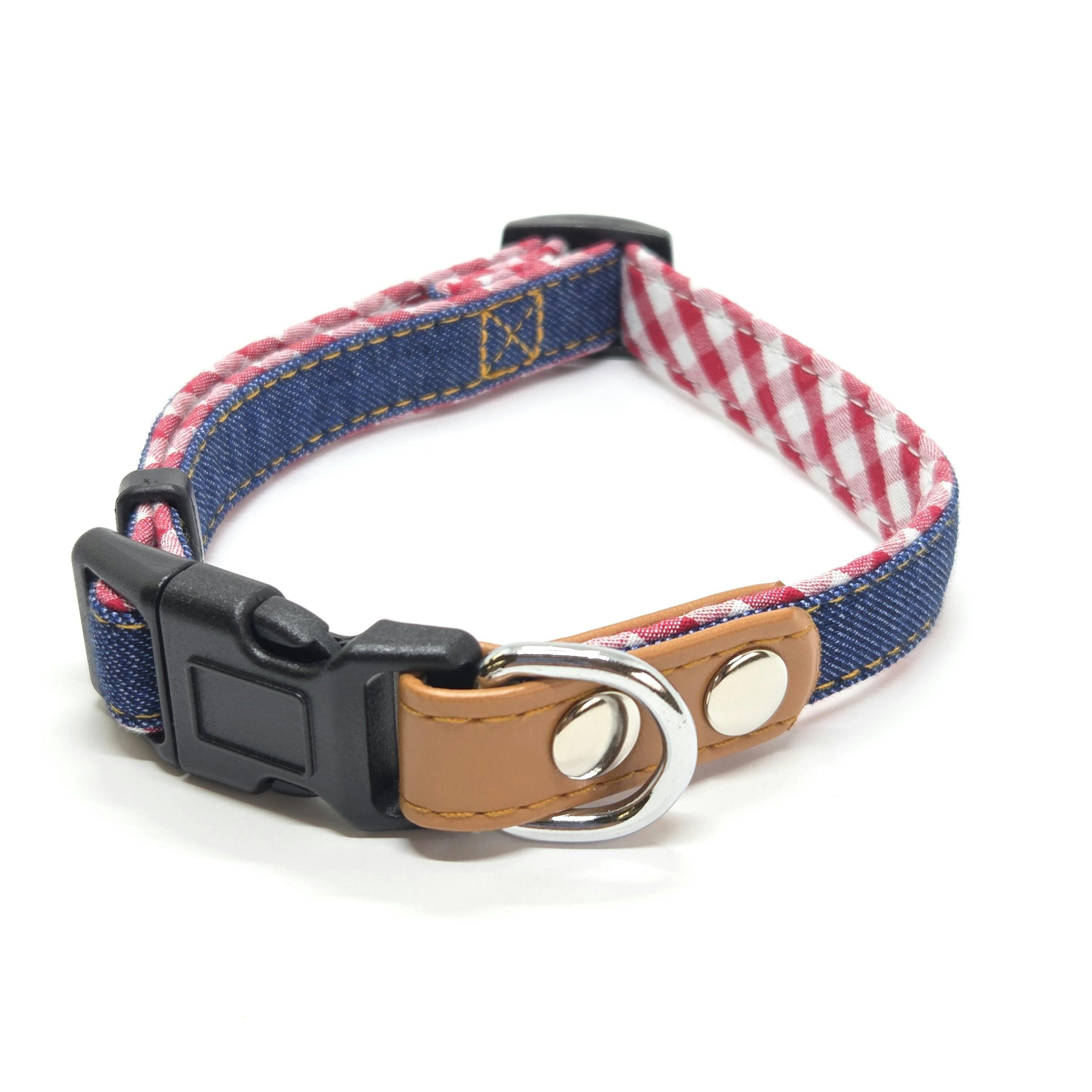 デニムチェックワンタッチカラー ブルー SS ペット用品 犬具 首輪