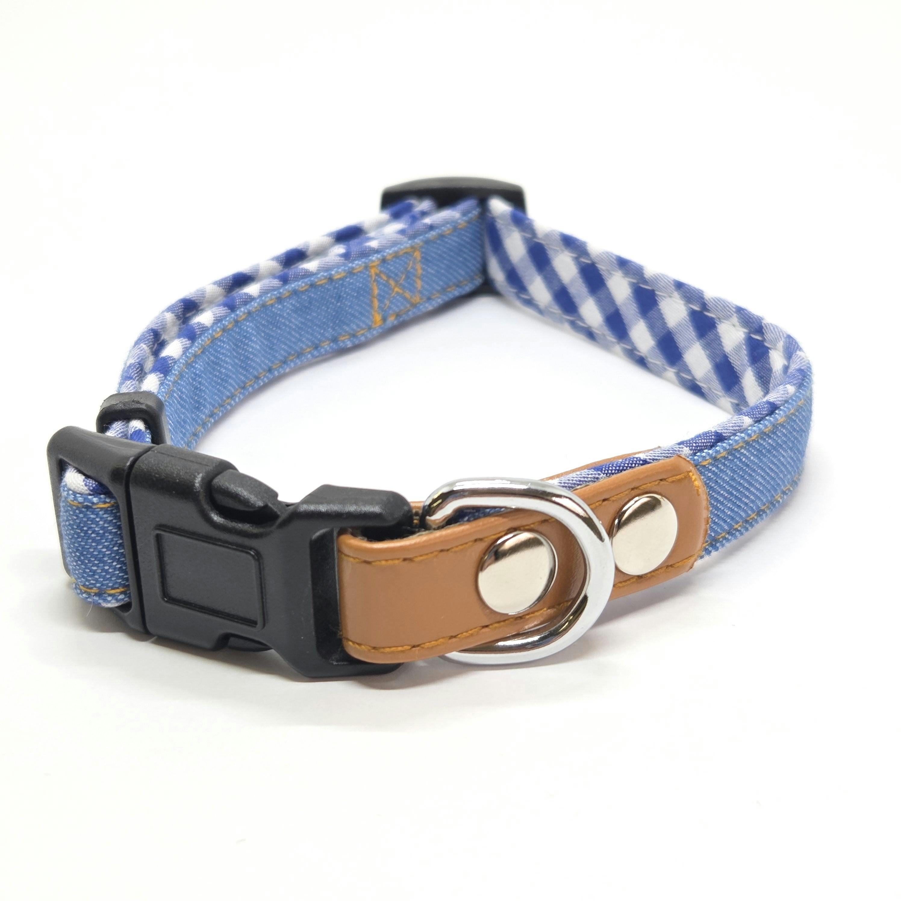 デニムチェックワンタッチカラー ライトブルー S ペット用品 犬具 首輪
