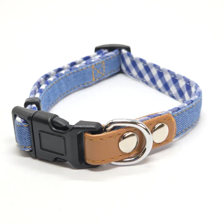 デニムチェックワンタッチカラー ライトブルー M ペット用品 犬具 首輪 1712282001【別送品】