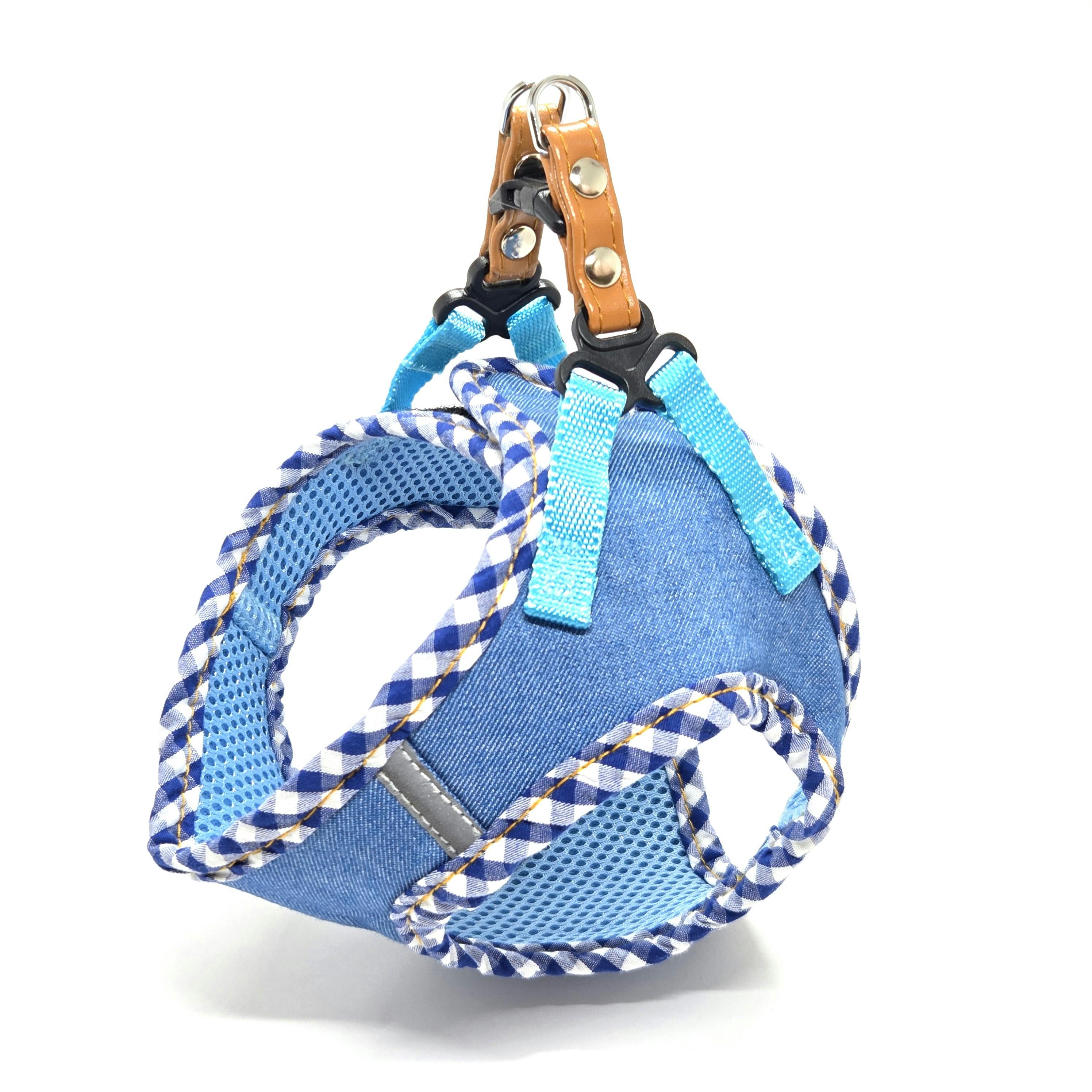 デニムチェックソフトハーネス ライトブルー SS ペット用品 犬具