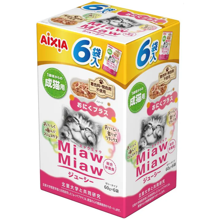 【ケース販売】MiawMiaw ジューシーおにくプラス60g×6(1ケース20個入) 4580101261303 キャットフード ウェット 3001281020【別送品】