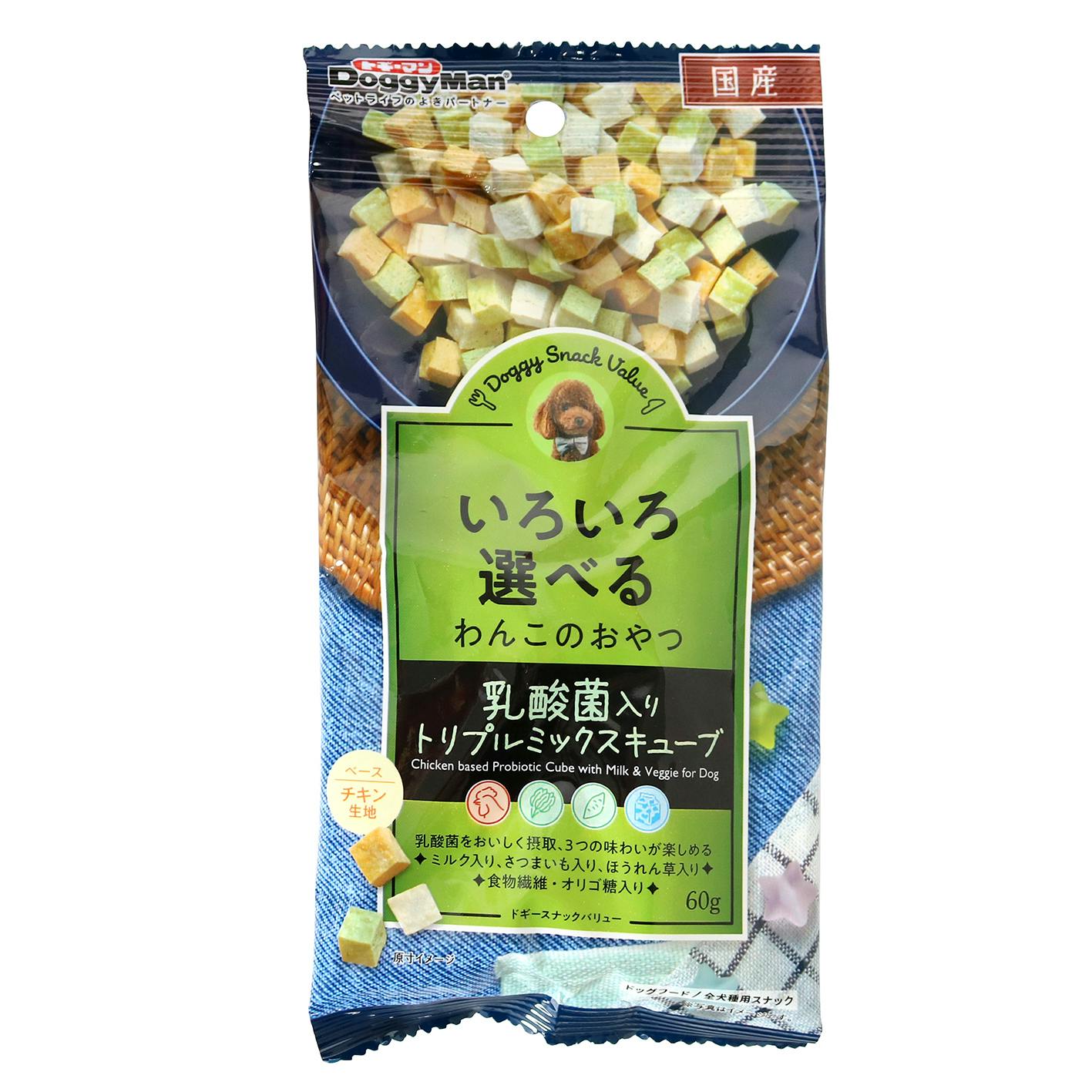 ドギーマンハヤシ ドギースナックバリュー 乳酸菌入りトリプルミックスキューブ 60g JANコード:4976555827408 素材(お肉・魚)おやつ ドギーマンハヤシ ドギースナックバリュー 乳酸菌入りトリプルミックスキューブ 60g JANコード:4976555827408 素材(お肉・魚)おやつ