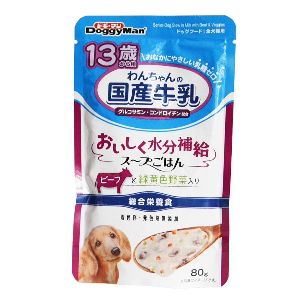 ドギーマン 13歳から用 わんちゃんの国産牛乳スープごはん ビーフと緑黄色野菜入り80g(1ケース60個入り) 4970096931662 犬用ウェットフード(パウチ) ドギーマン 13歳から用 わんちゃんの国産牛乳スープごはん ビーフと緑黄色野菜入り80g(1ケース60個入り) 4970096931662 犬用ウェットフード(パウチ)