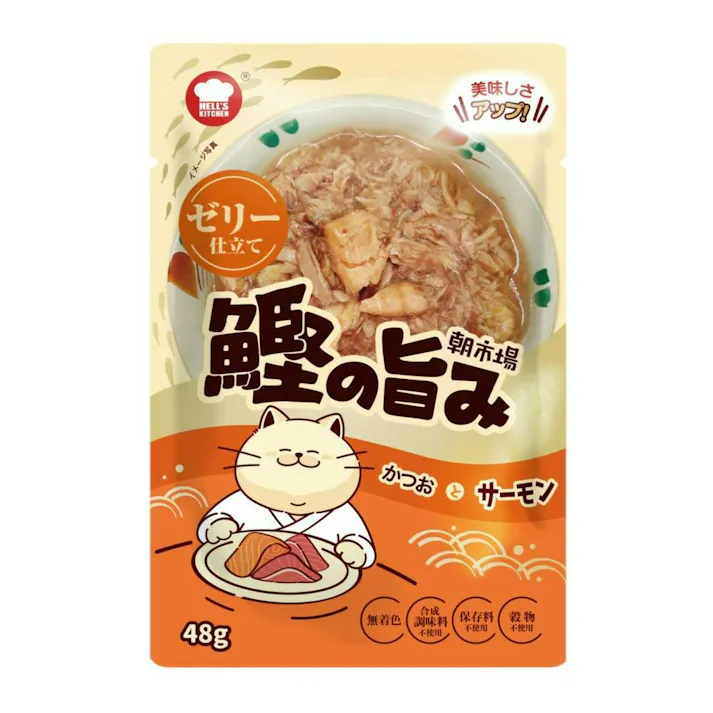 HELL’S KITCHEN 朝市場 鰹の旨みゼリー かつおとサーモン 48g 猫パウチ ゼリータイプ 4580626184811【別送品】