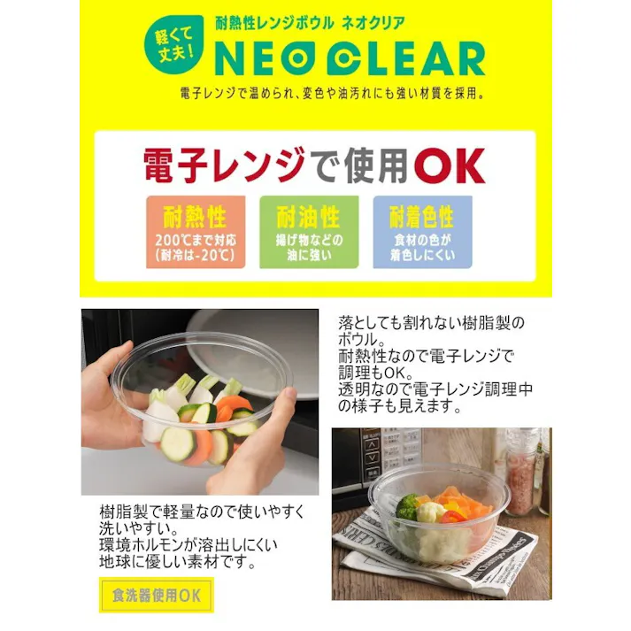 ネオクリア レンジボウル 19cm 日本製 ボウル 耐熱性レンジボウル 樹脂製 軽い 丈夫 電子レンジOK 食洗機OK シンプル おしゃれ 便利 キッチン用品 調理器具 4979487935852【別送品】