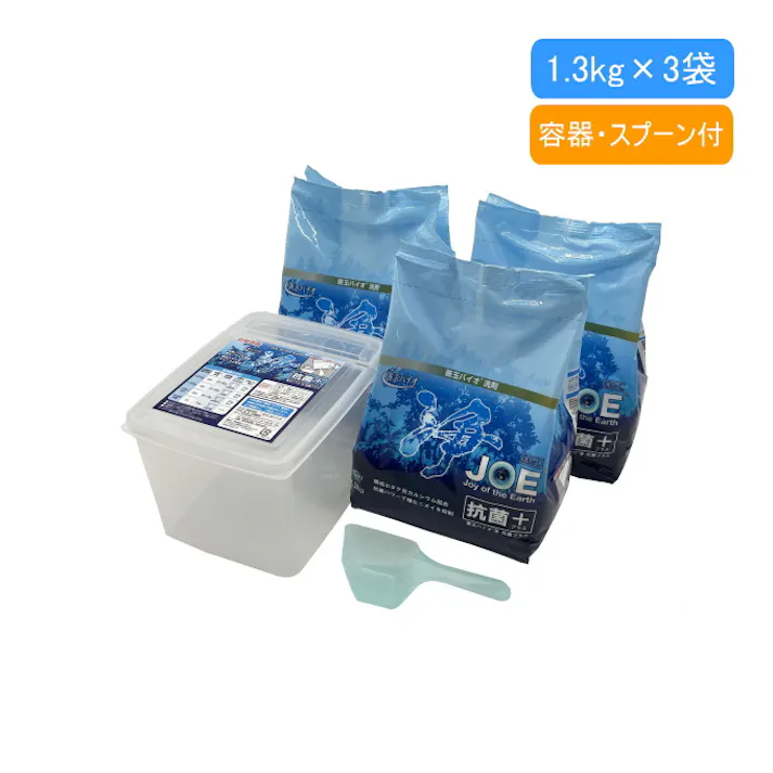 エコプラッツ 善玉バイオ 浄 抗菌プラス 1.3kg袋×3 容器・スプーン付き JOE 防臭 柔軟剤不要 洗濯槽 節水 節電 時短 部屋干し 室内干し 生乾き 梅雨のニオイ 衣類用 再汚染防止 大容量 洗剤 4580241600550 【別送品】